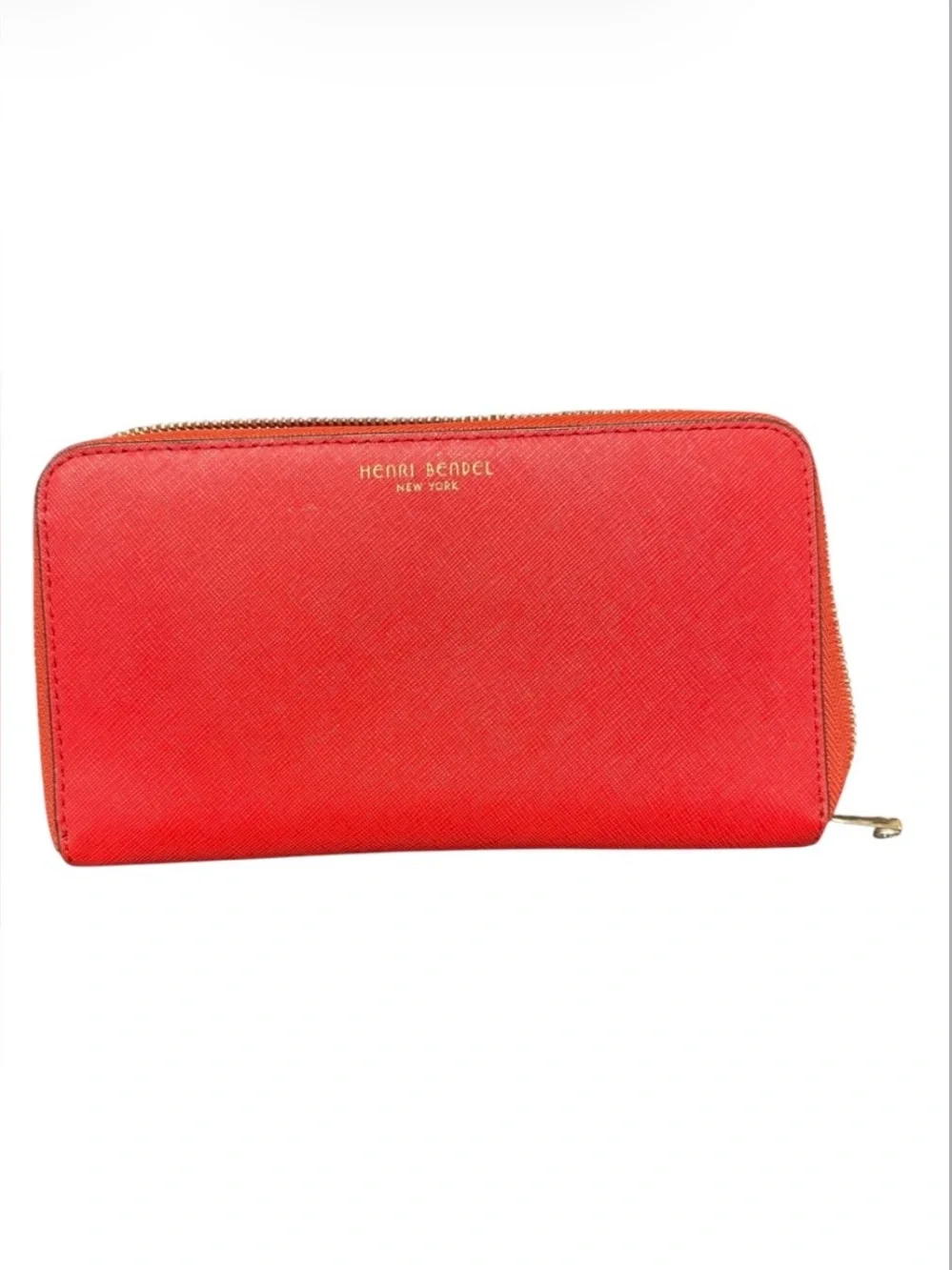 Henri Bendel Red Saffiano Leather Zip Around Wallet Clutch Organizer